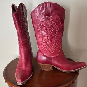 Elegant Red Leather Heeled Boots